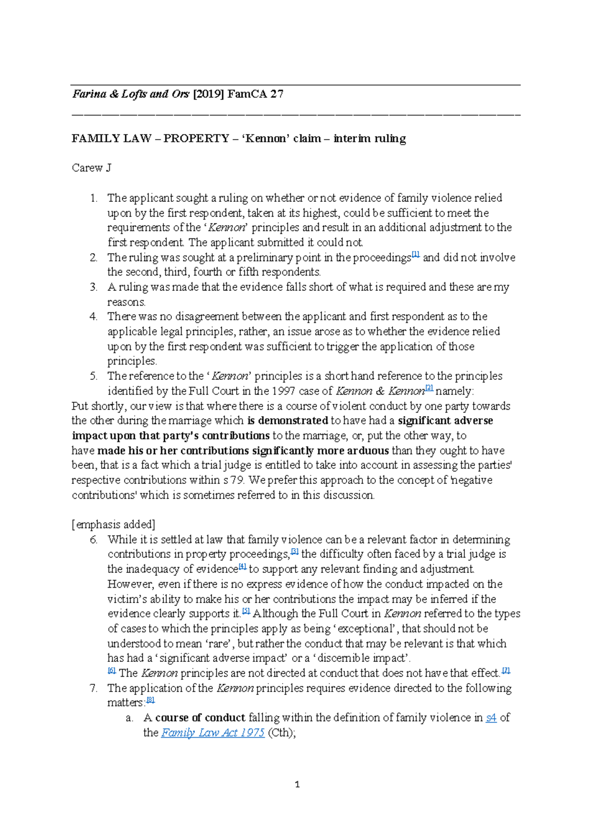 Farina Lofts and Ors FamCA 27: Family law property claim ruling ...