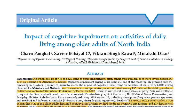 Cognitive Impairment and Daily Living Activities in Older Adults: A ...