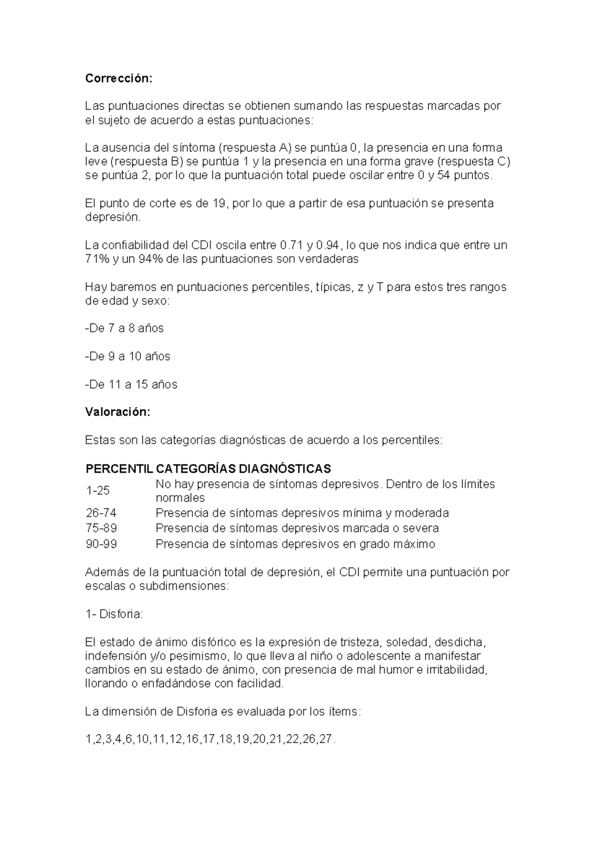 Corrección del Test CDI: Interpretación de Puntuaciones y Diagnóstico ...