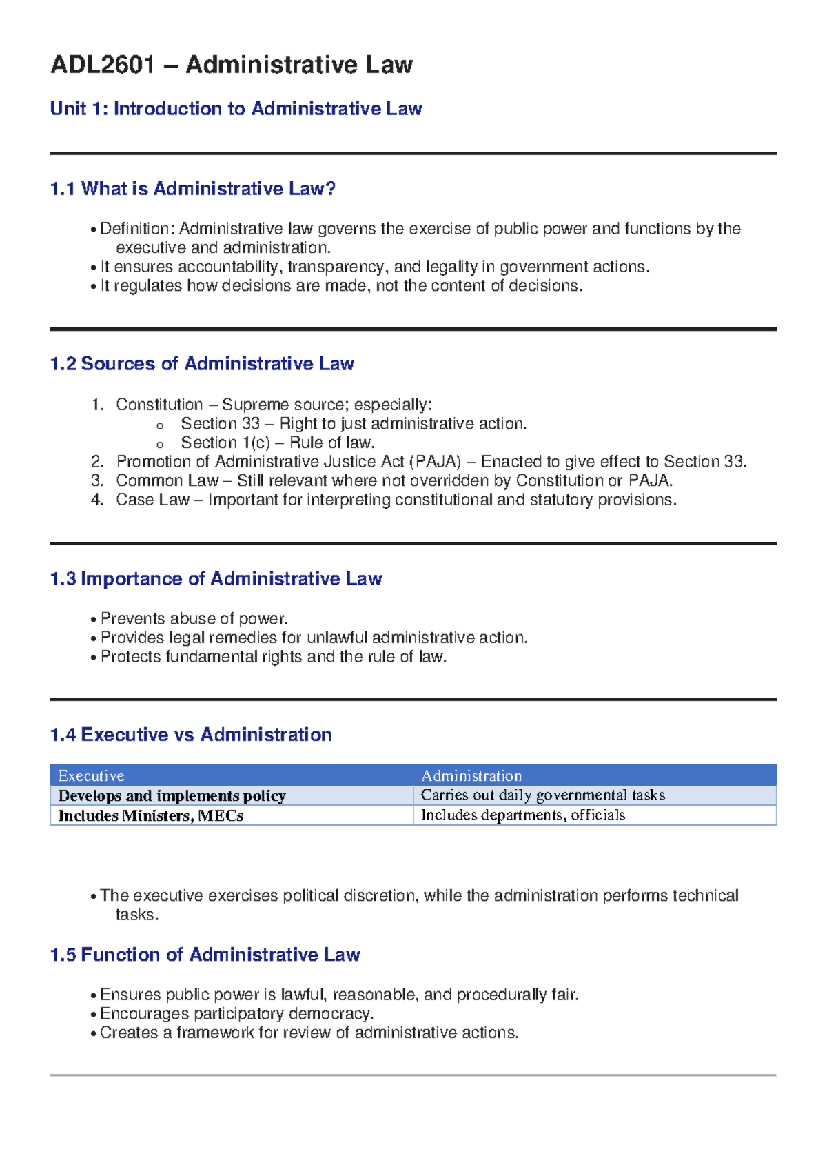 ADL2601 Administrative Law Study Pack: Key Concepts & Case Summaries ...