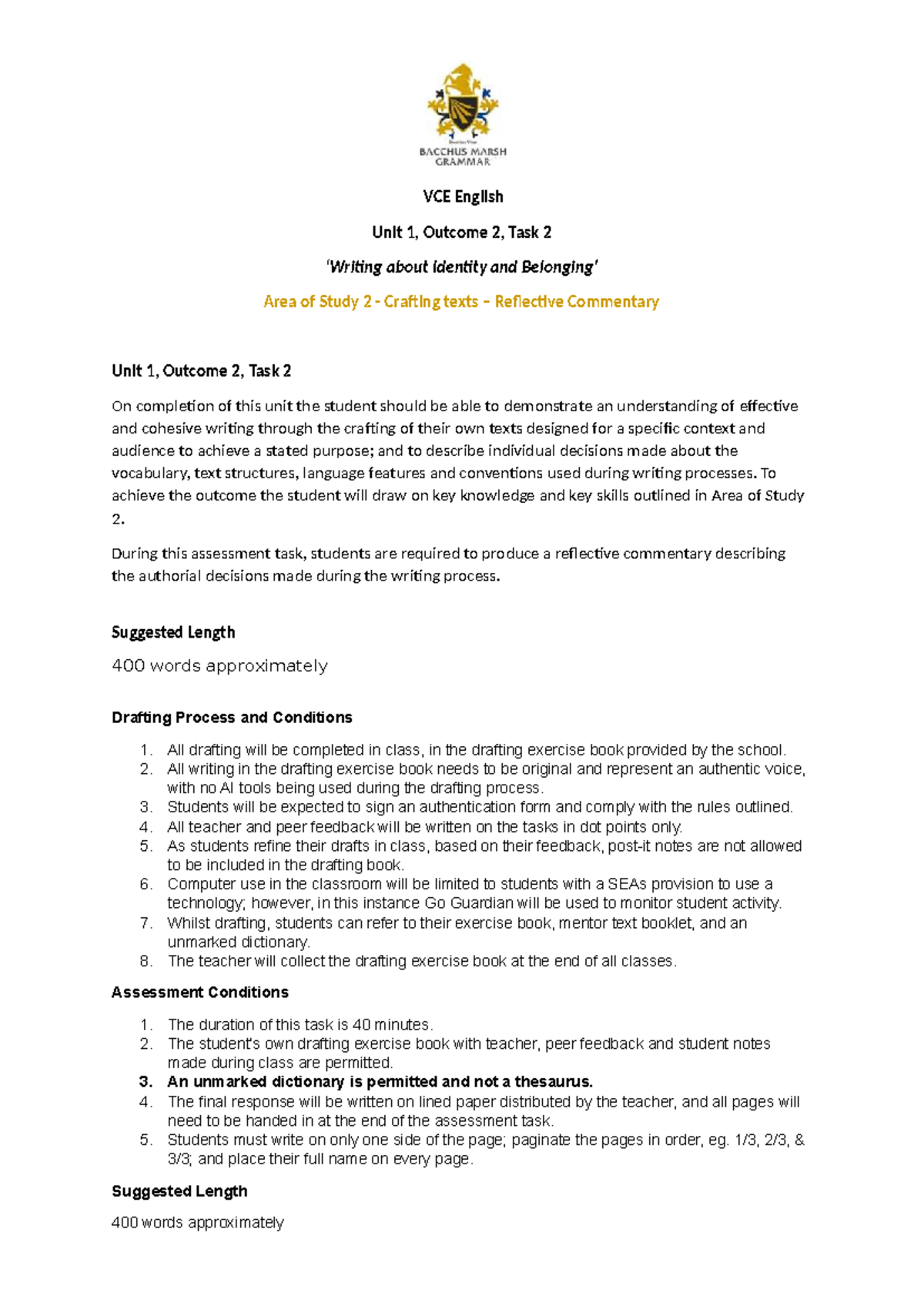 VCE English Unit 1, Outcome 2: Reflective Commentary Task 2 - Studocu