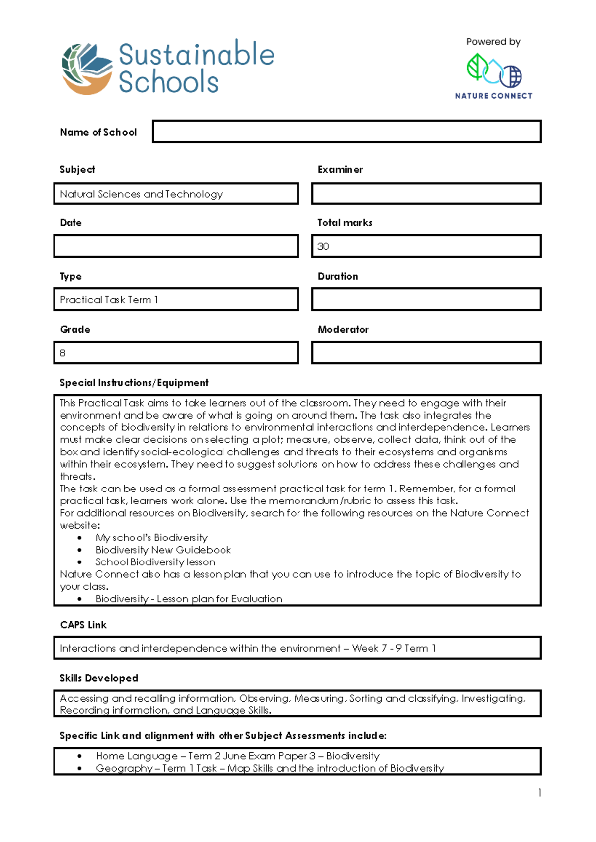 Grade 8 Natural Sciences Practical Task on Biodiversity - Term 1 A-Memo ...