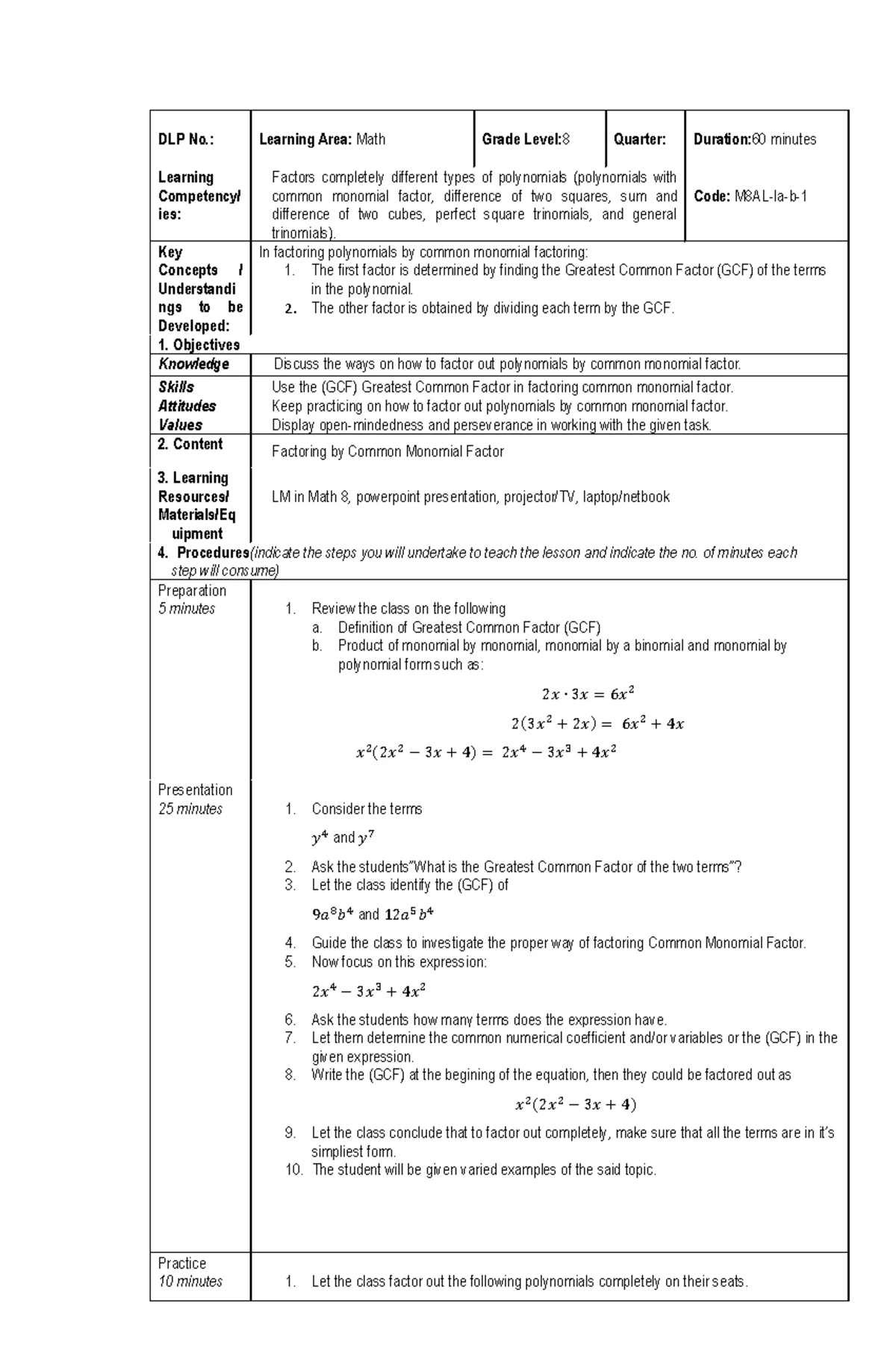 DLP4 Math 8 Q1: Lesson Plan on Factoring Perfect Square Trinomials ...