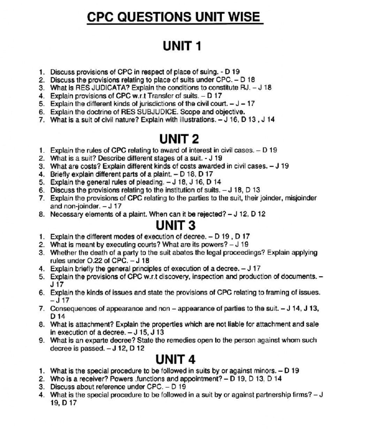 CPC 4 Unit Important Questions for Civil Procedure Code Study - Studocu