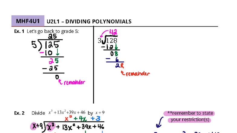 MHF4U1 U2L1 Dividing Polynomials - Solutions and Examples - Studocu