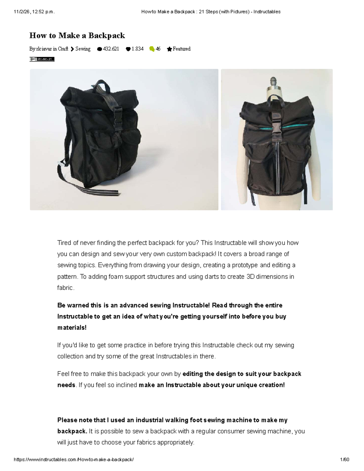 Craft Sewing 432.621: How to Make a Custom Backpack in 21 Steps - Studocu