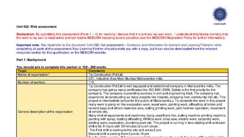 IG2 Risk Assessment for Taj Construction Pvt Ltd: Safety Analysis - Studocu