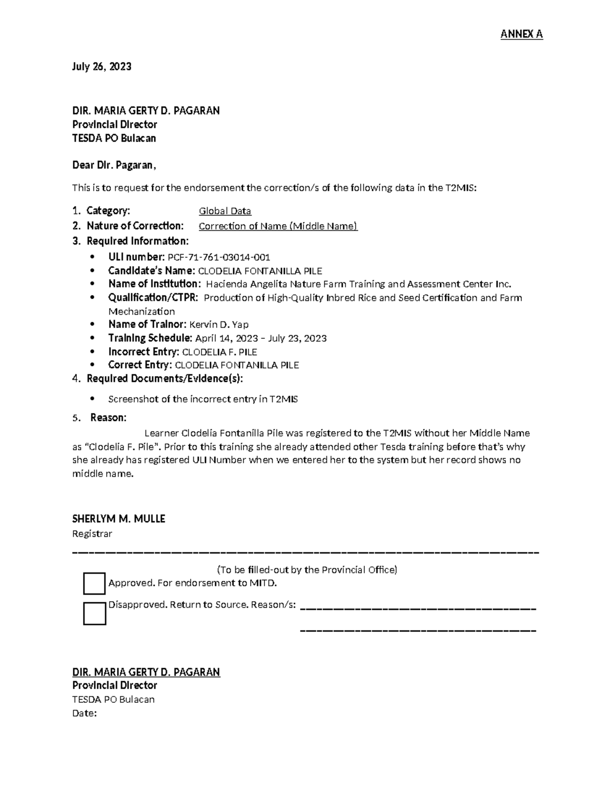 Correction Request for Trainee's Profile - Annex A (July 2023) - Studocu
