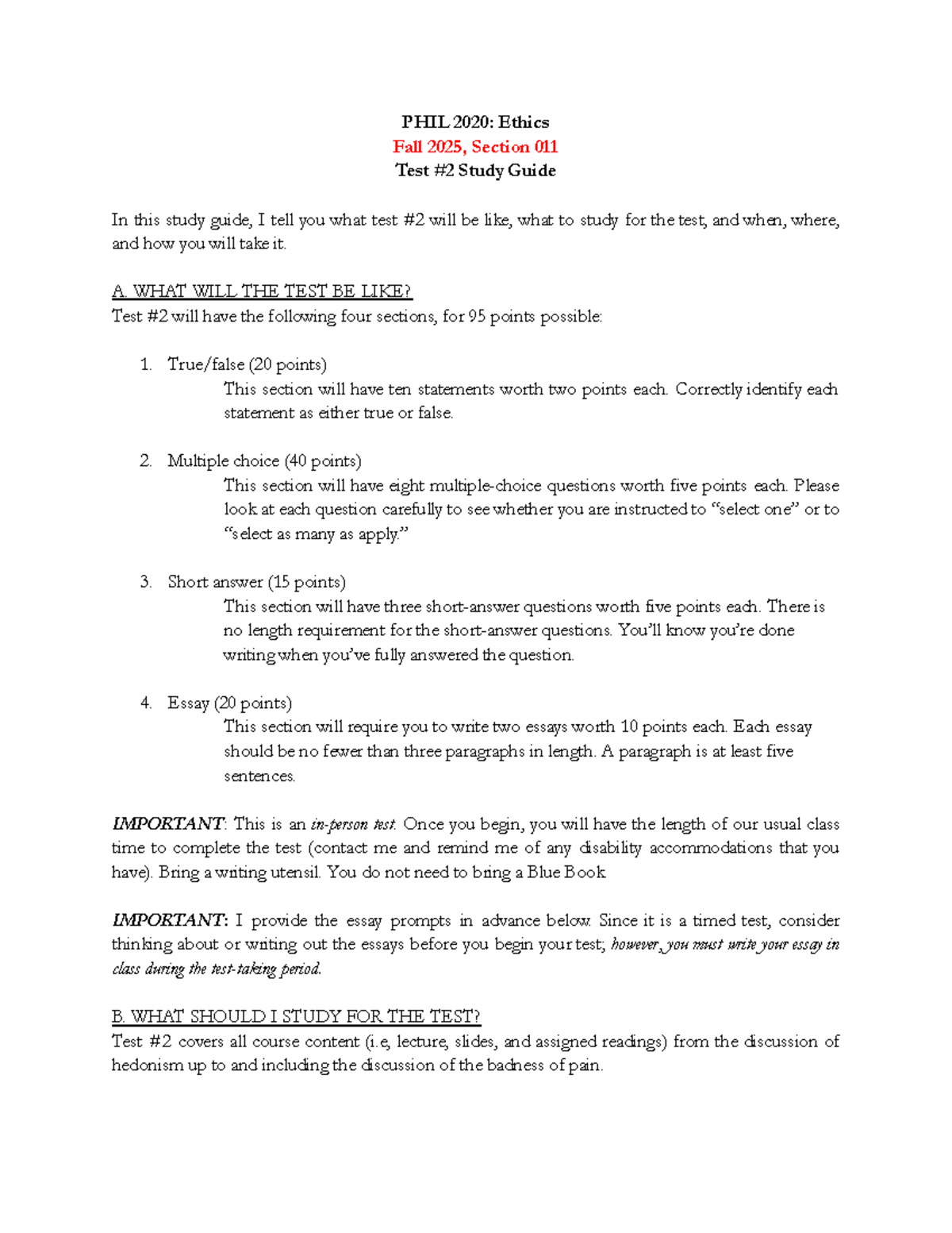 PHIL 2020: Ethics Test #2 Study Guide - Fall 2025, Section 011 - Studocu