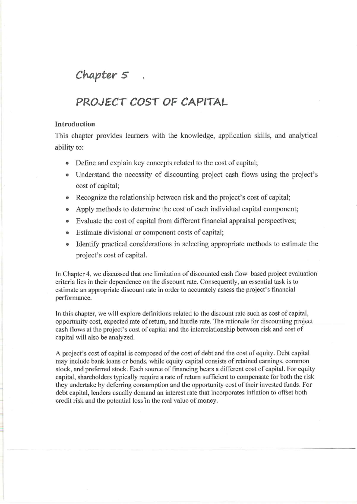 Chapter 5: Project Cost of Capital Analysis (FIN 301) - Studocu