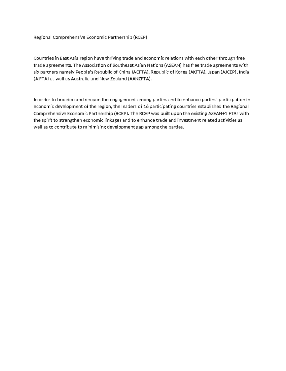 RCEP Notes: Economic Cooperation Among East Asian Countries - Studocu