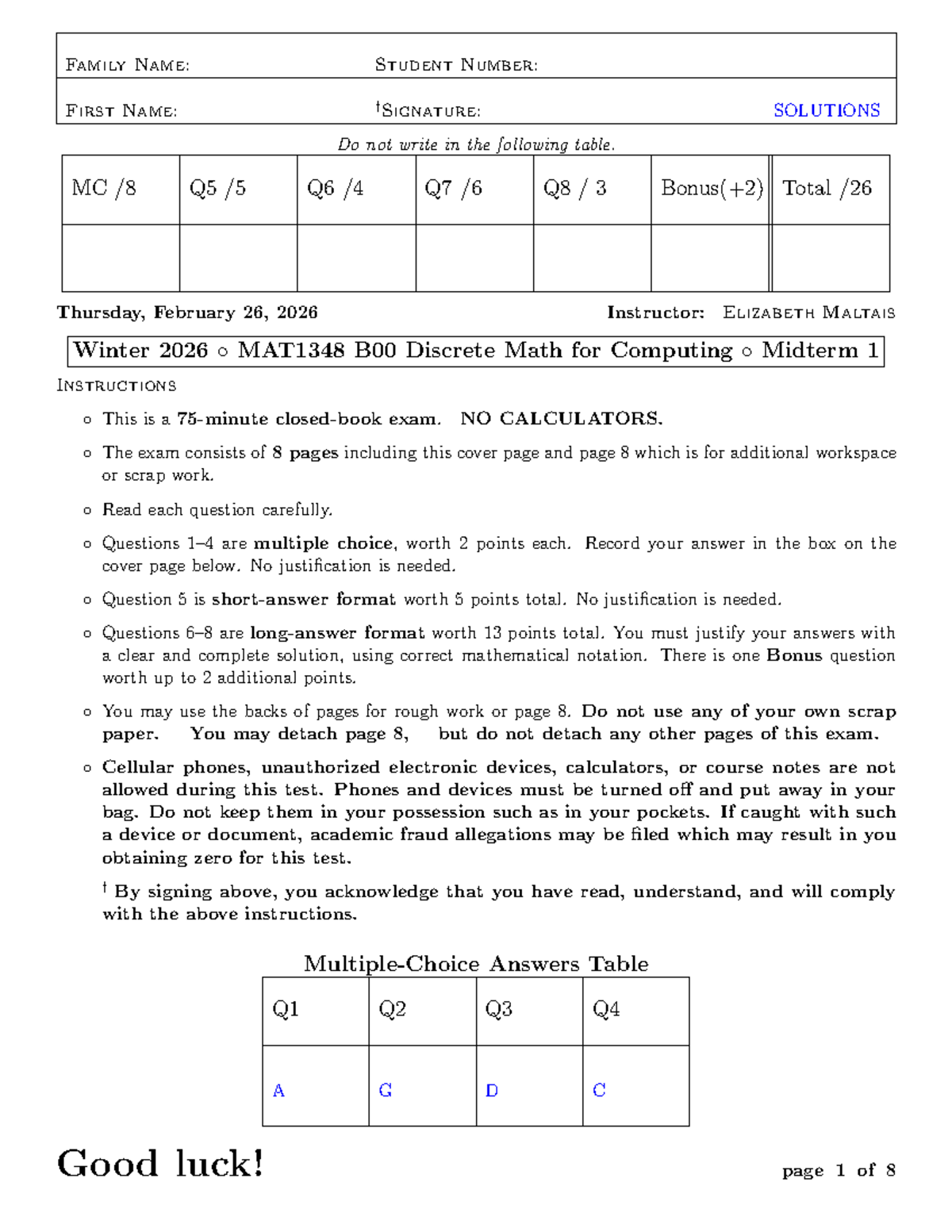MAT1348B 2026 Discrete Math Midterm 1 Solutions - Studocu