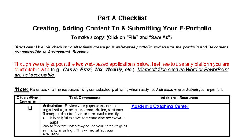 Professional Portfolio Task Part A - E-Portfolio Creation Checklist ...