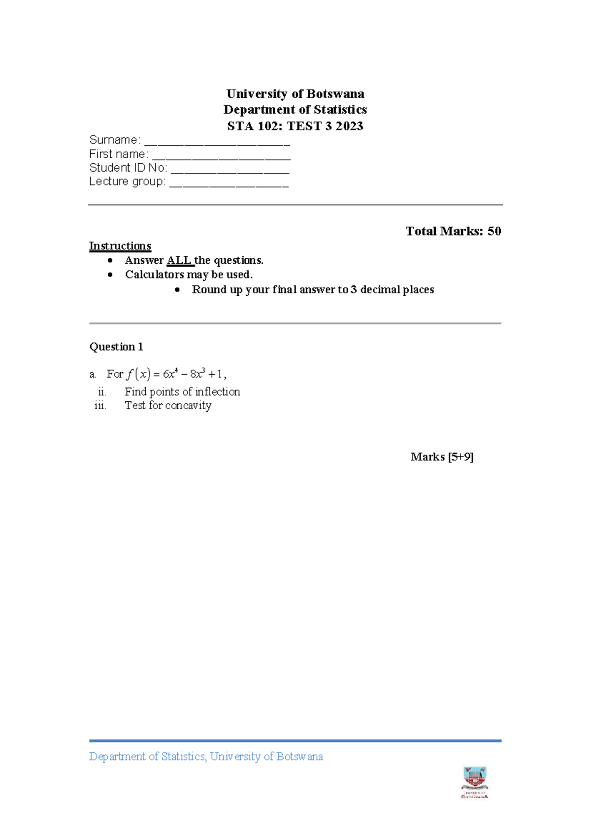 STA 102: Test 3 2023 - Statistics Exam Questions and Solutions - Studocu