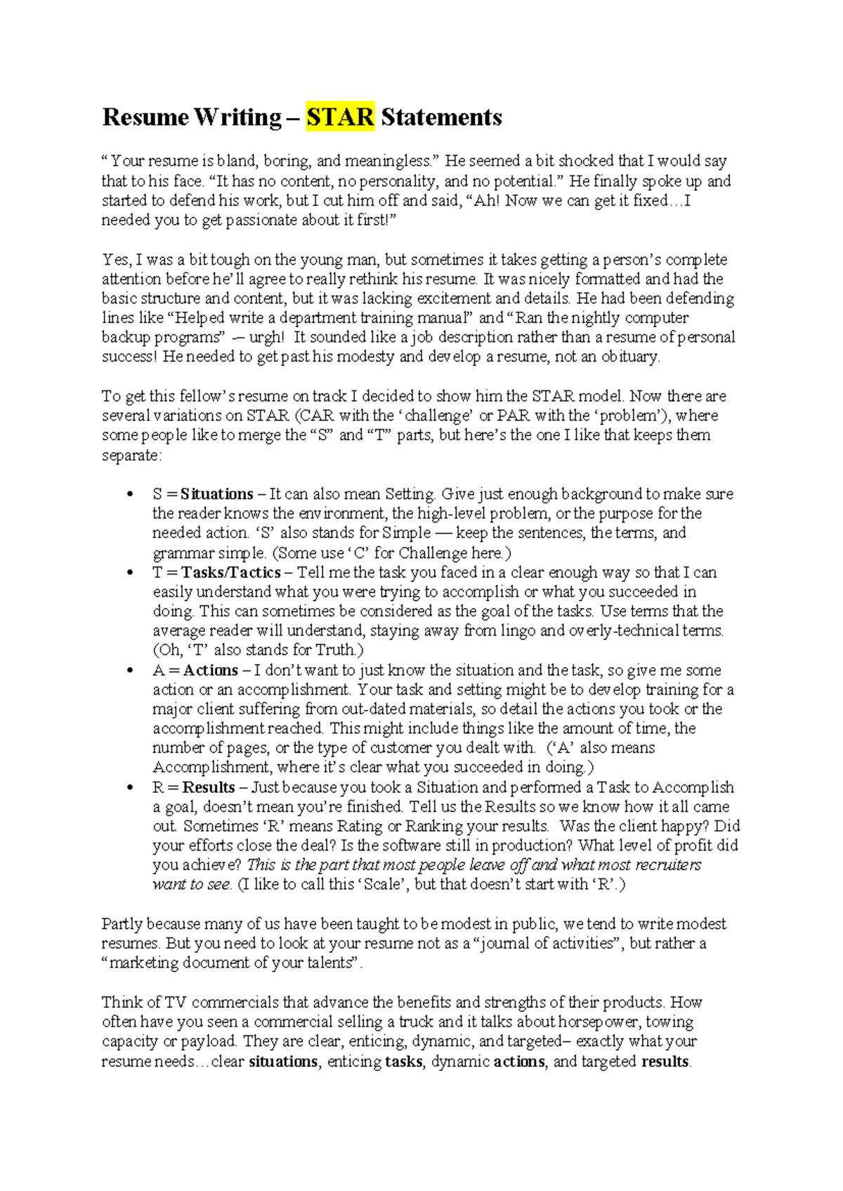 STAR Approach - Tips for Writing Effective Resumes - Studocu