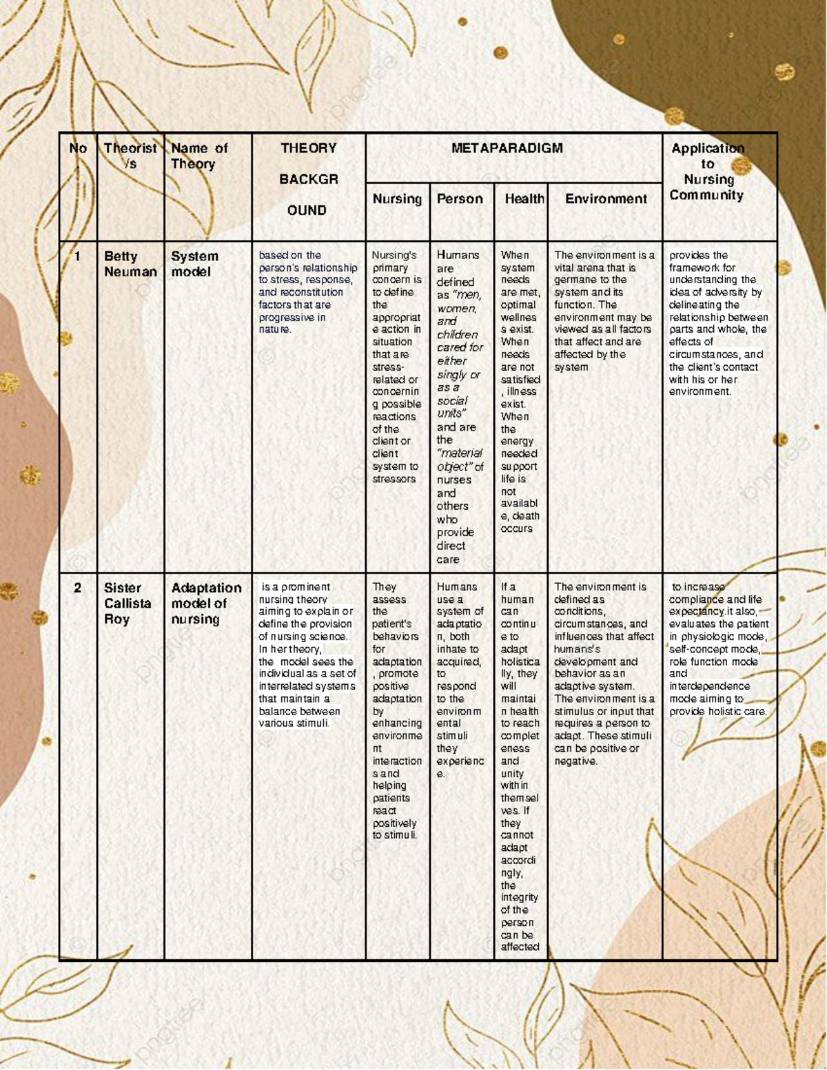 Nursing Theories Overview: Application of Models in Nursing (TFN) - Studocu