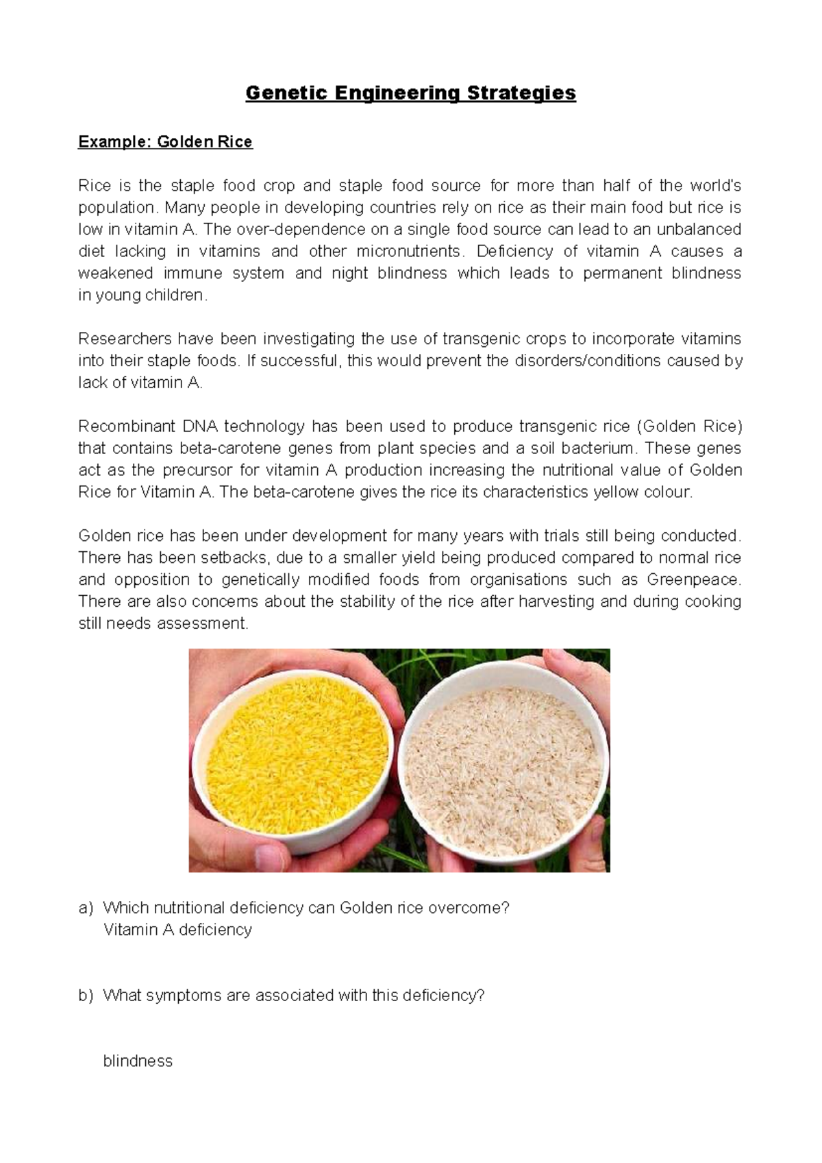 Genetic Engineering Strategies: Focus on Golden Rice and PGT - Studocu