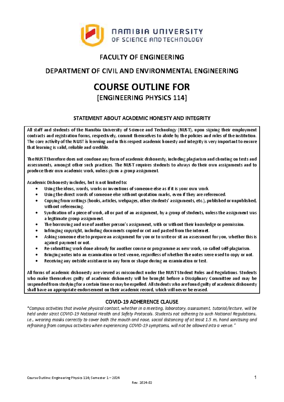 Course Outline for Engineering Physics 114 (APH511S) - Semester 1 2024 ...