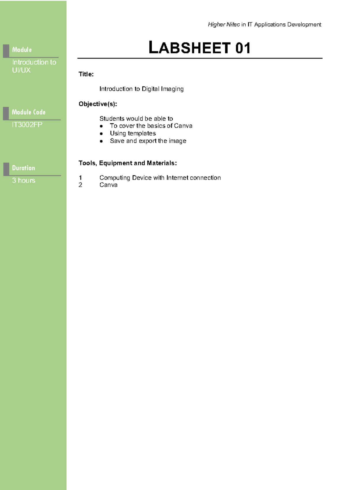 Higher Nitec in IT Applications Development LABSHEET 01: Intro to Canva ...