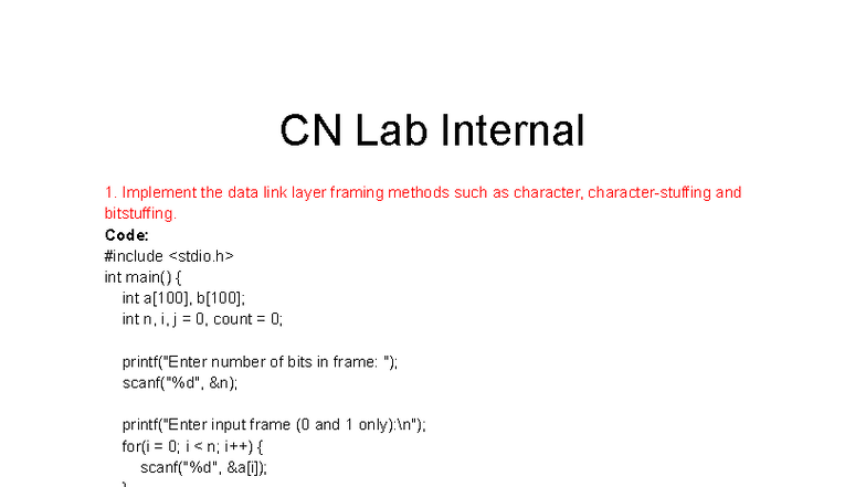 CN Lab Internal 1: Data Link Layer Framing & Protocols - Studocu