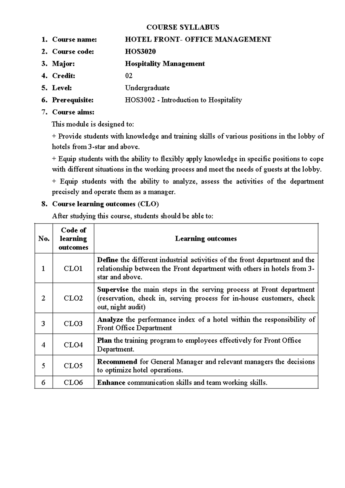 45-HOS3020 - Syllabus for Hotel Front Office Management Course - Studocu