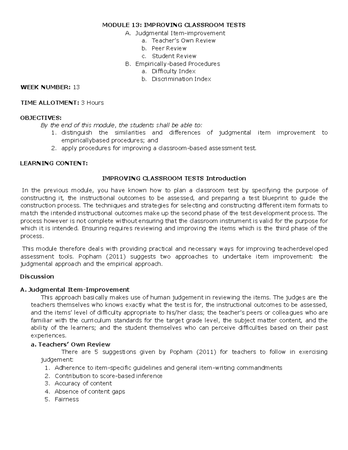 EDUC 107a Module 13: Enhancing Classroom Test Quality - Studocu