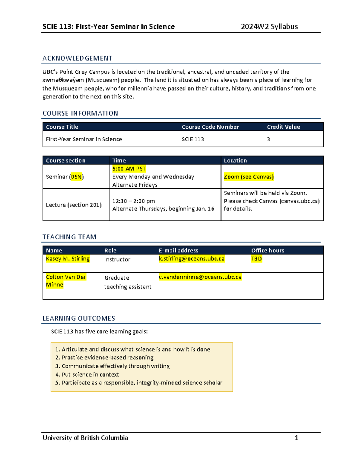 SCIE113 09N Syllabus 2024W2-1 - ACKNOWLEDGEMENT UBC’s Point Grey Campus ...