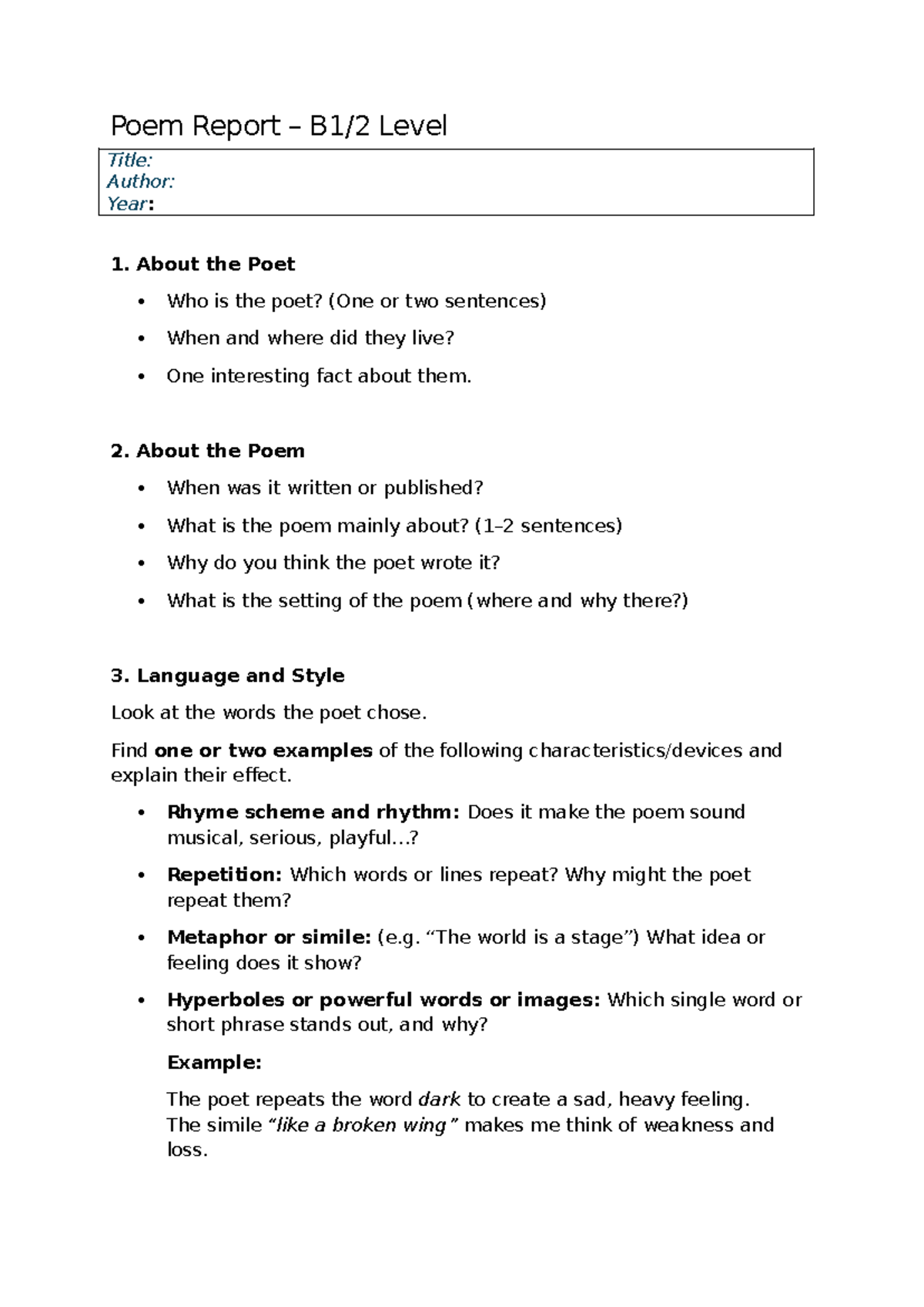 POEM Report HV - Analysis of Poetic Elements and Themes - Studeersnel