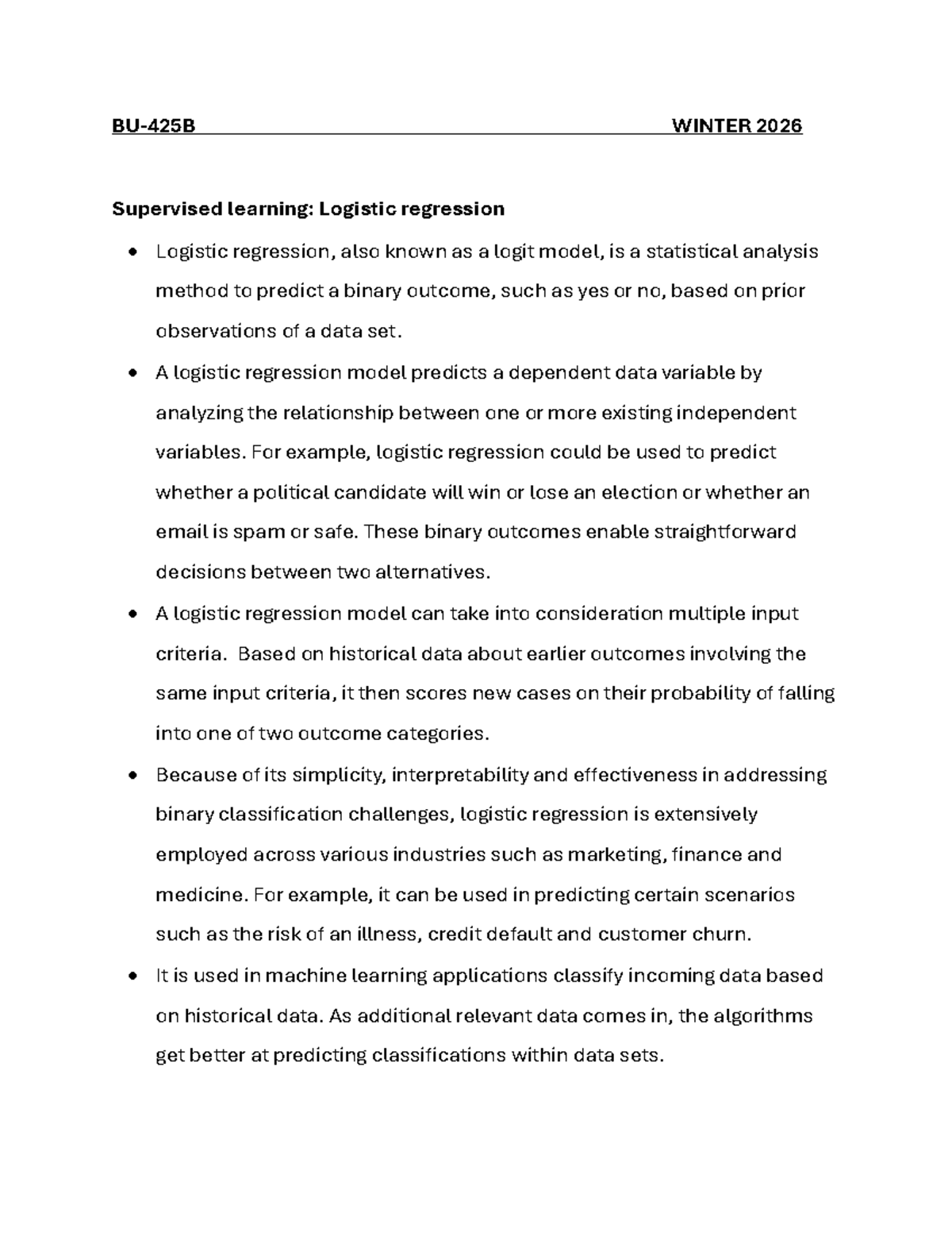WINTER 2026 Lecture Notes on Logistic Regression in Supervised Learning ...