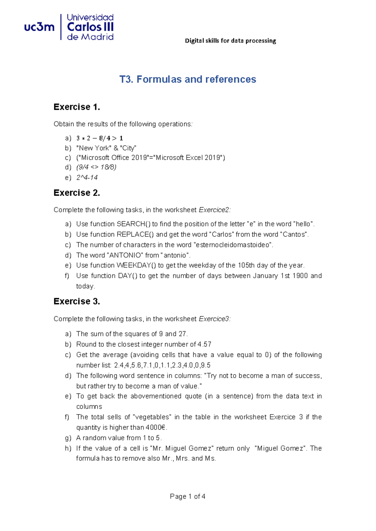 Digital Skills for Data Processing T3: Excel Exercises and Functions ...