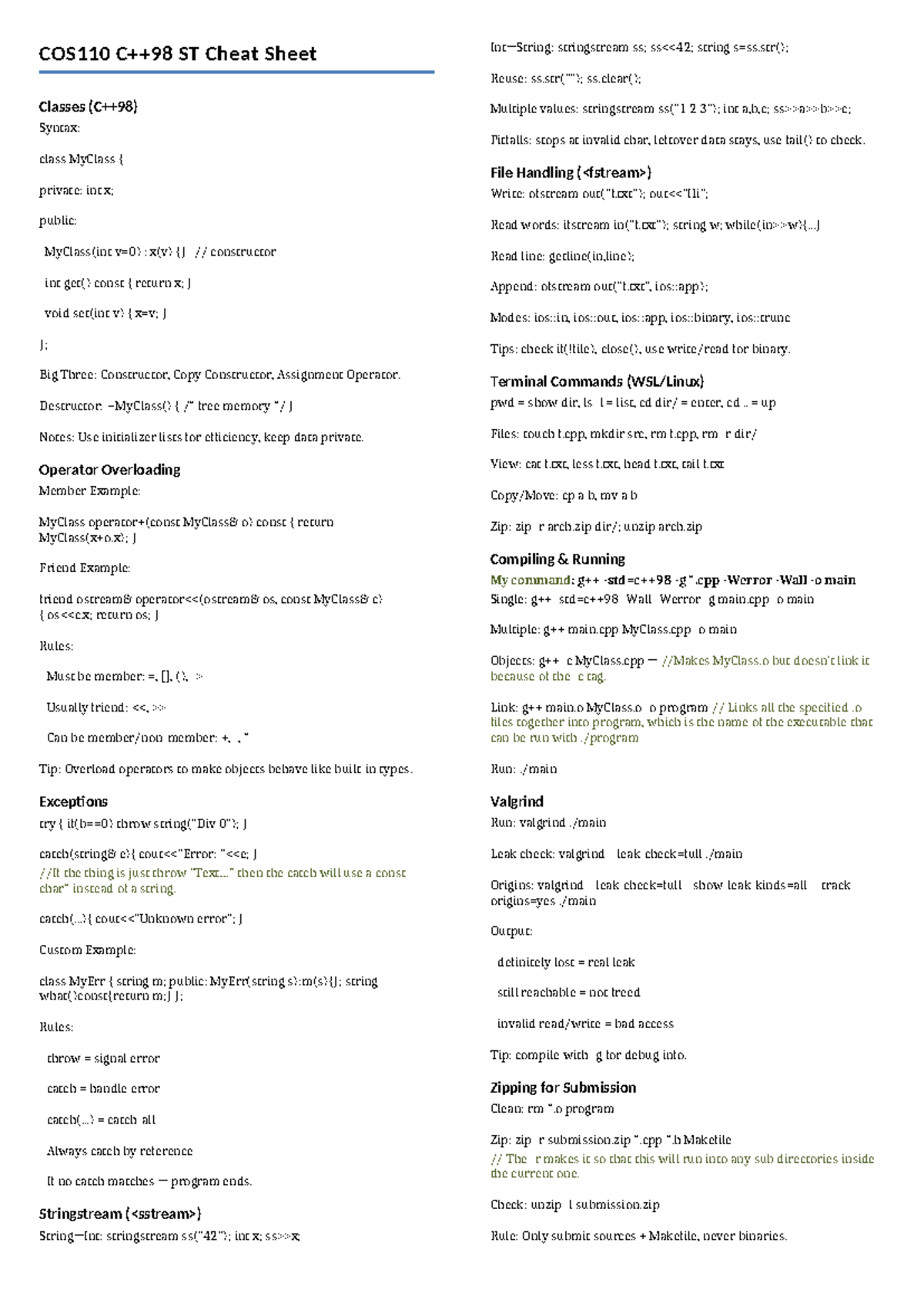 COS110 Cheat Sheet: Stringstream, File Handling & Operator Overloading ...