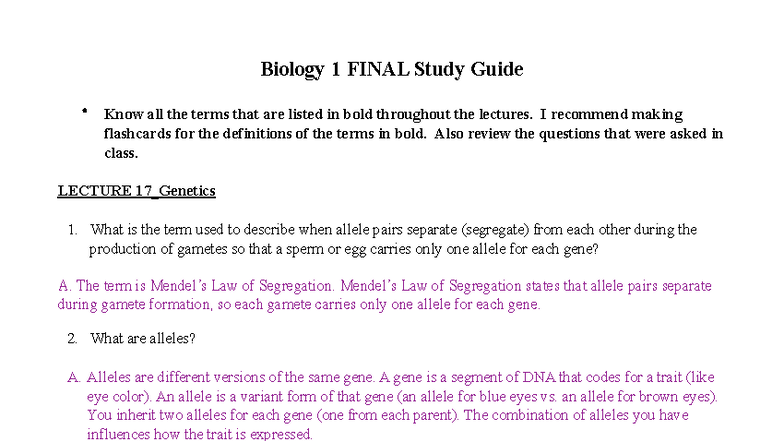 Biology 1 FINAL Exam Study Guide & Lecture Notes - Studocu