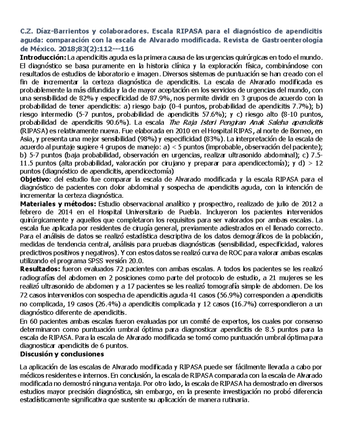 Escala RIPASA vs Alvarado Modificada: Diagnóstico de Apendicitis Aguda ...
