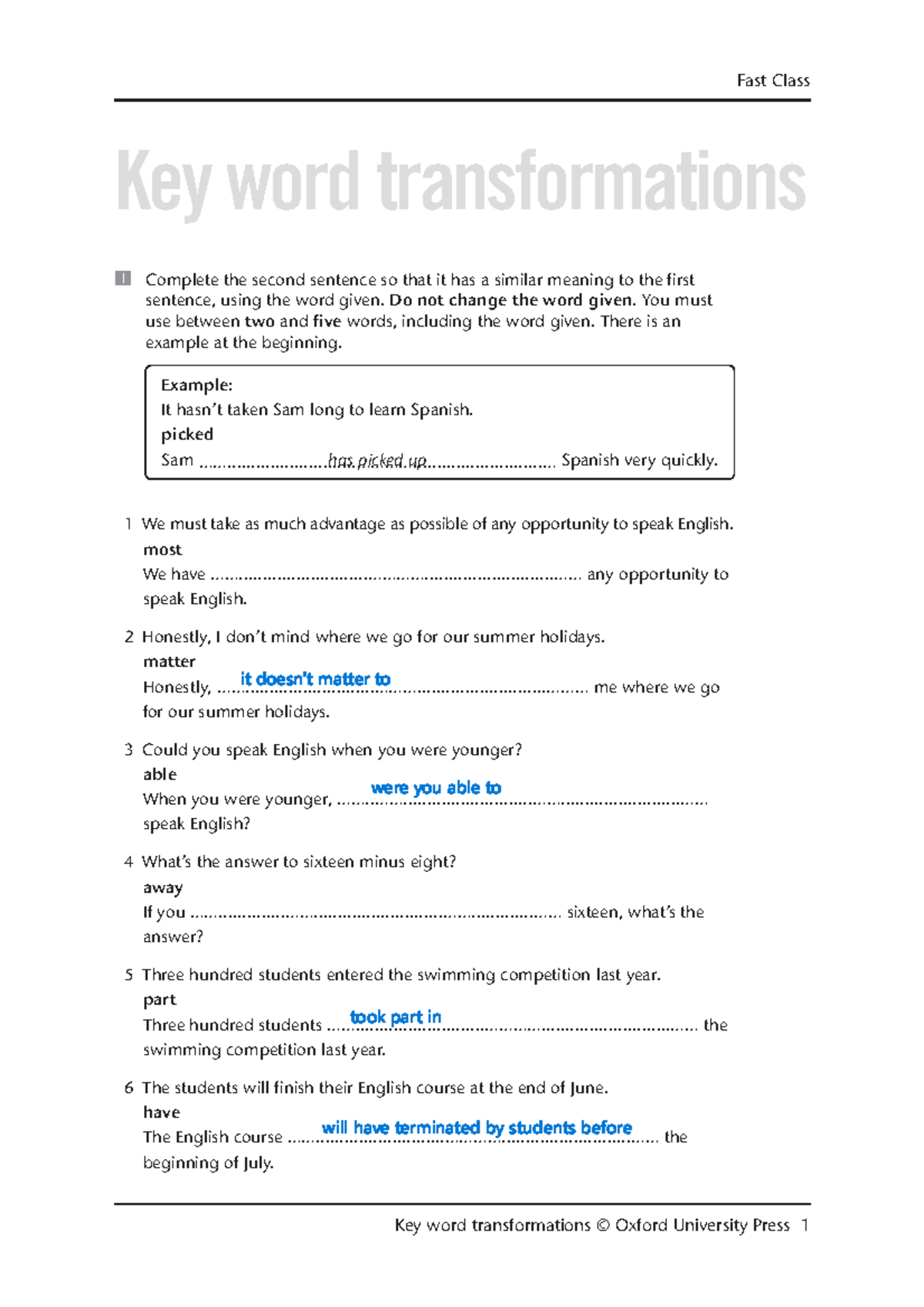 Fast Class Key Word Transformations - Exam C1 - Studocu