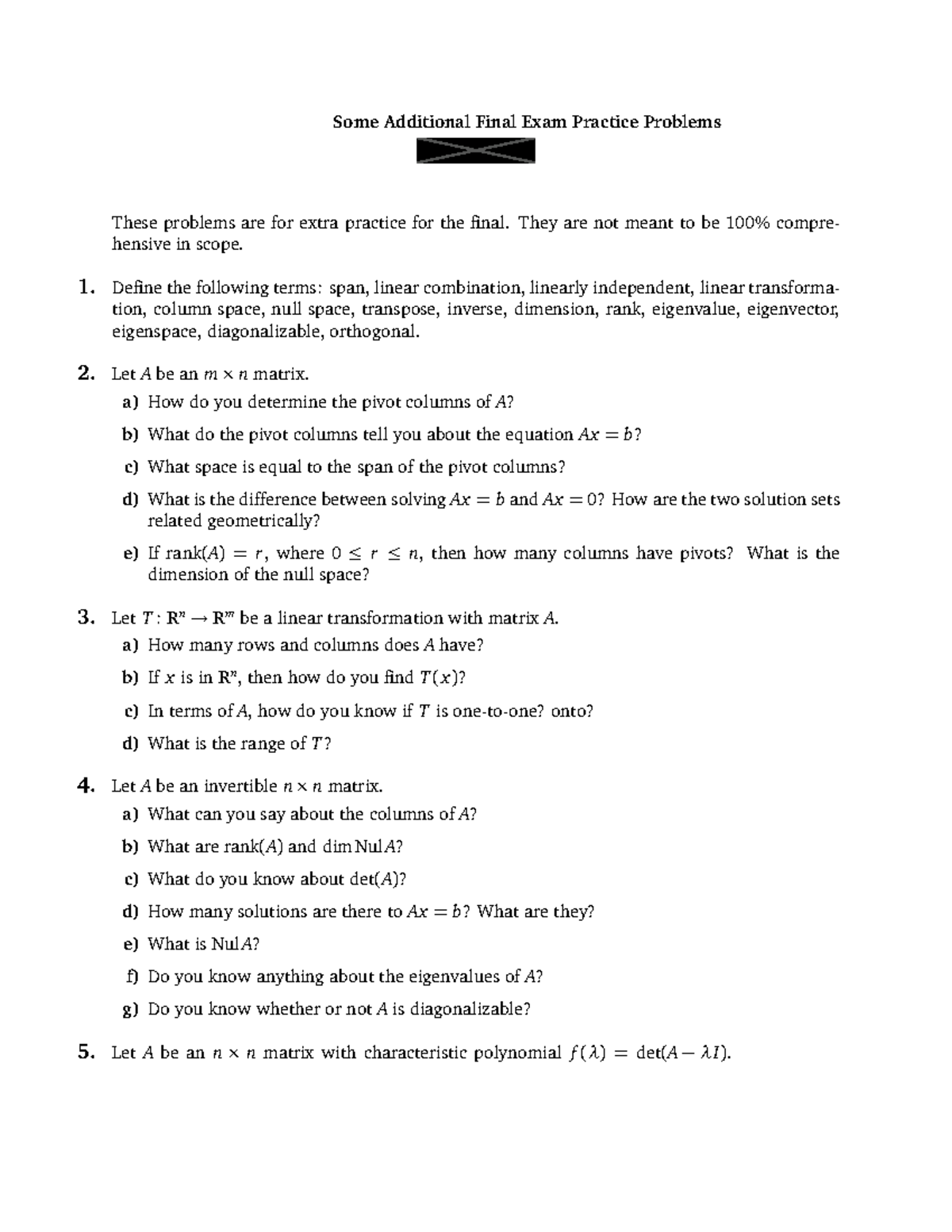 Math 1553: Additional Final Exam Practice Problems - Studocu
