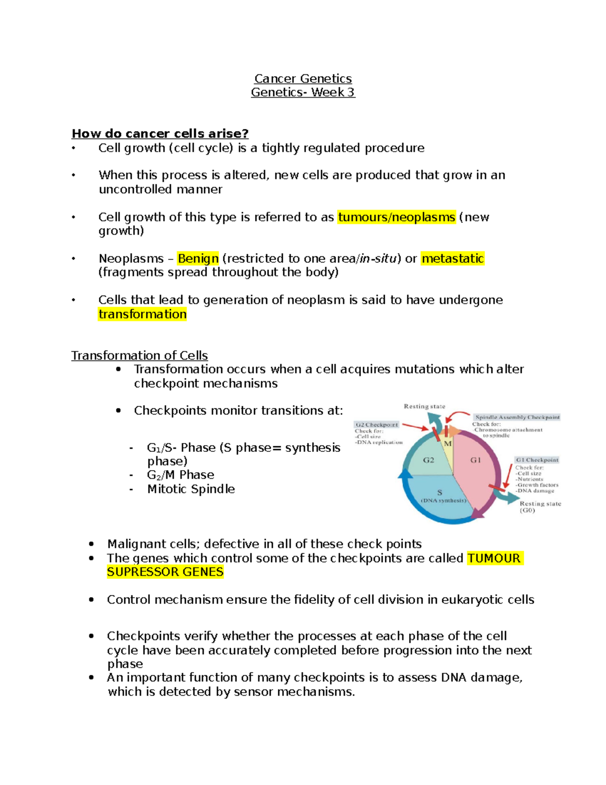 Cancer Genetics 1 - Week 3 Lecture Notes on Tumour Formation and Genes ...