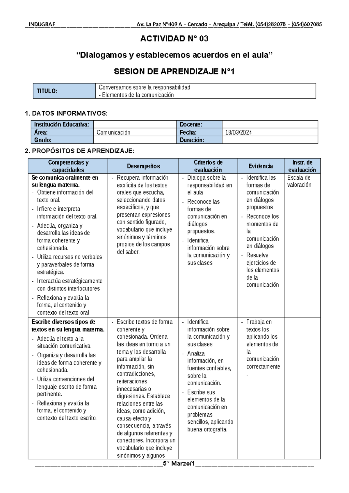 5° Grado - Marzo 18 - Sesiones: Normas de Convivencia en el Aula - Studocu