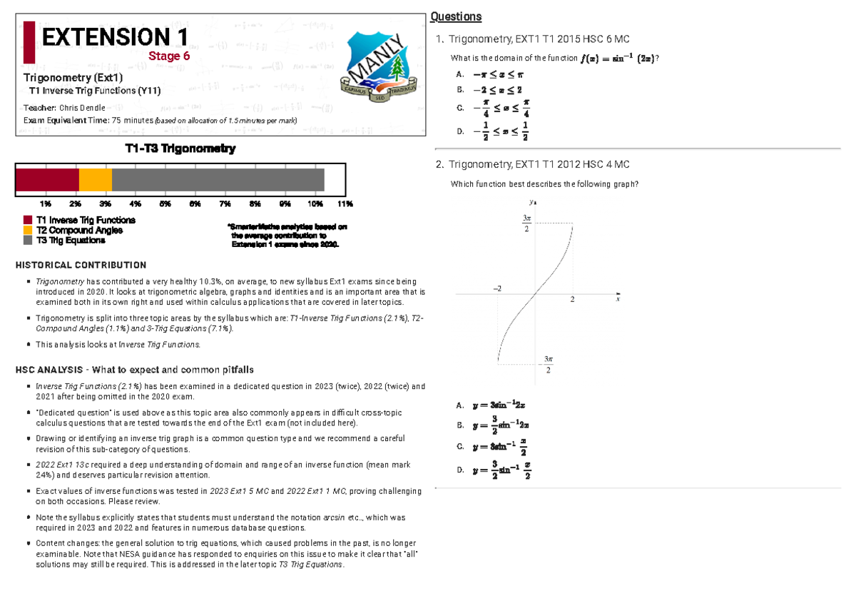 HSC EXT1 Trigonometry T1: Past Qs on Inverse Functions Analysis - Studocu