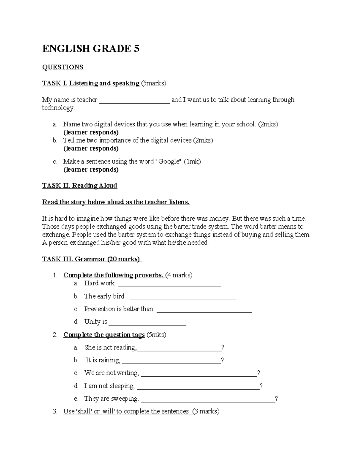 English Grade 5 - Assignment - ENGLISH GRADE 5 QUESTIONS TASK I ...