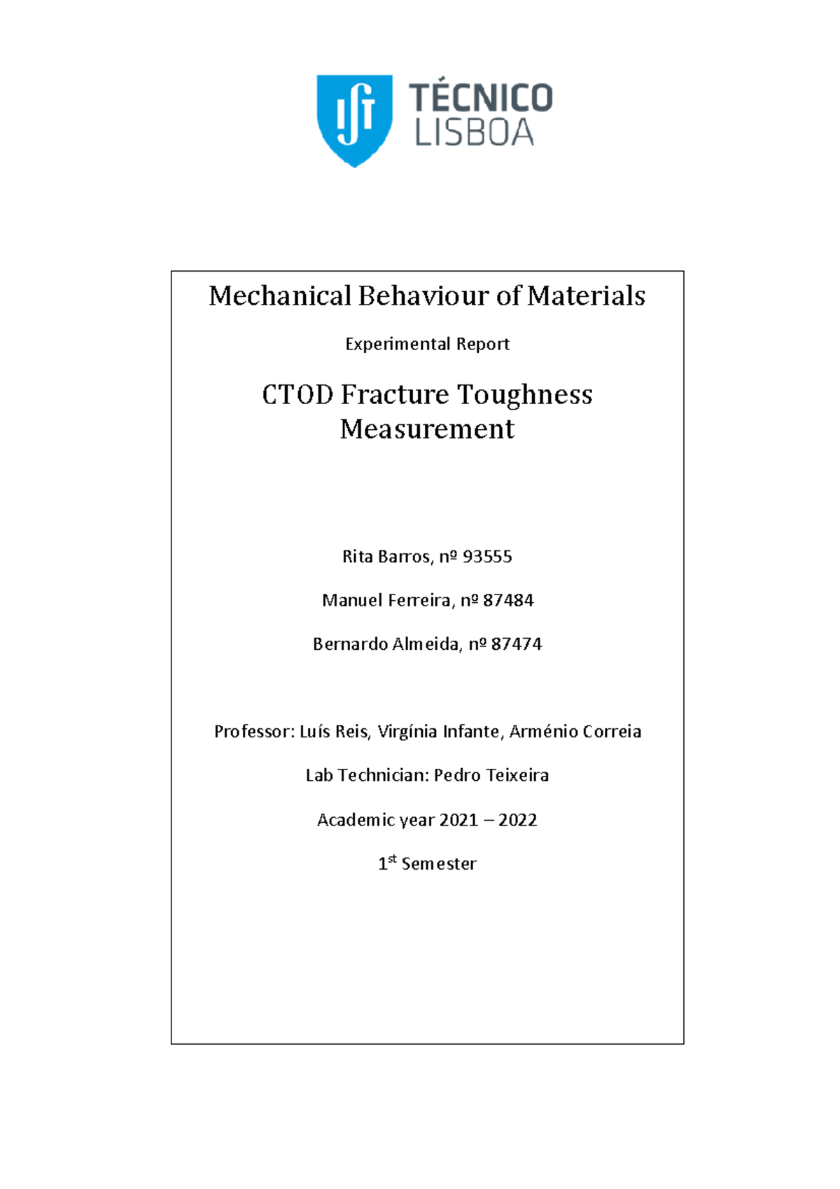 CTOD CMM Experimental Report - Lab 1 on Material Behaviour Analysis ...