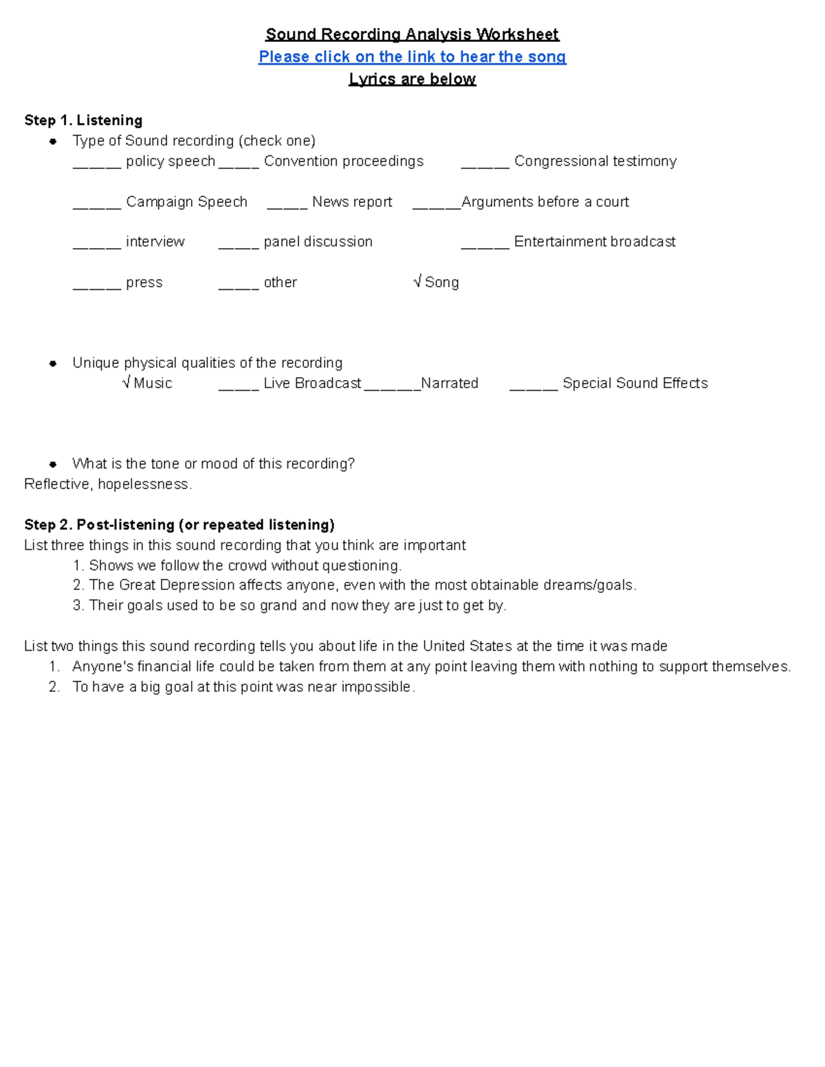 Song - Brother Can you Spare a Dime - Sound Recording Analysis ...