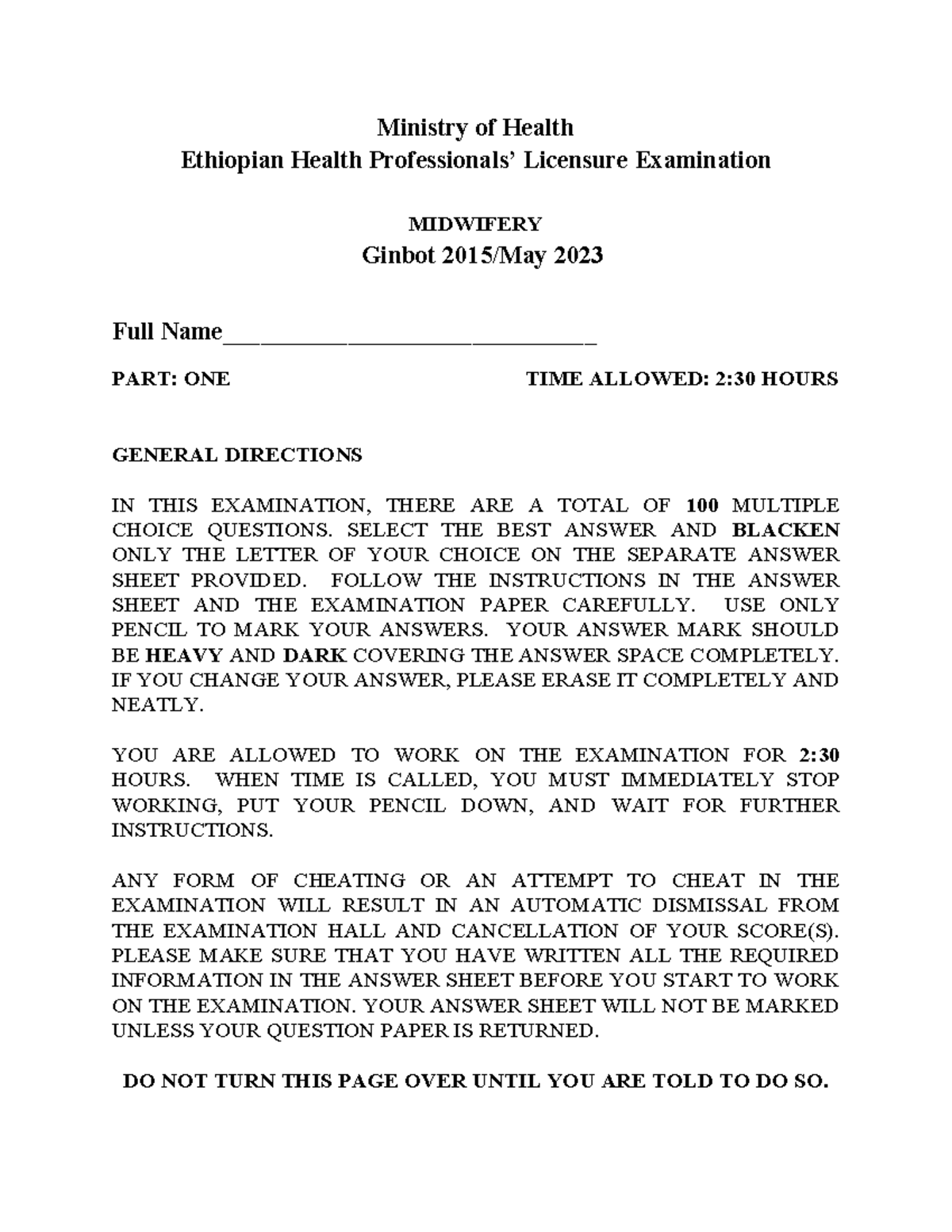 Ethiopian Health Licensure Examination: Midwifery COC Exam Ginbot 2023 ...