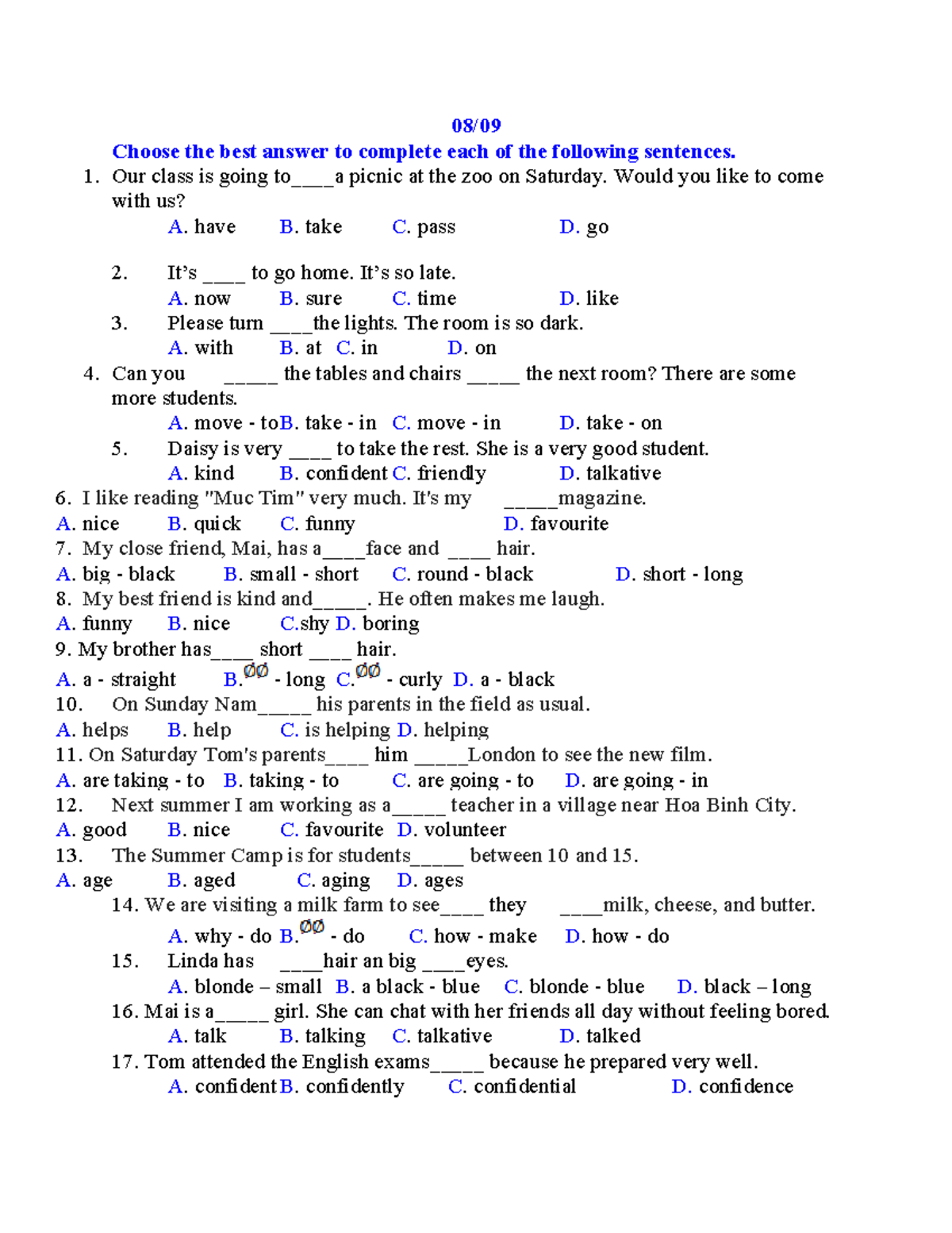 0809 - Quiz: Complete the Sentences with the Best Answers - Studocu