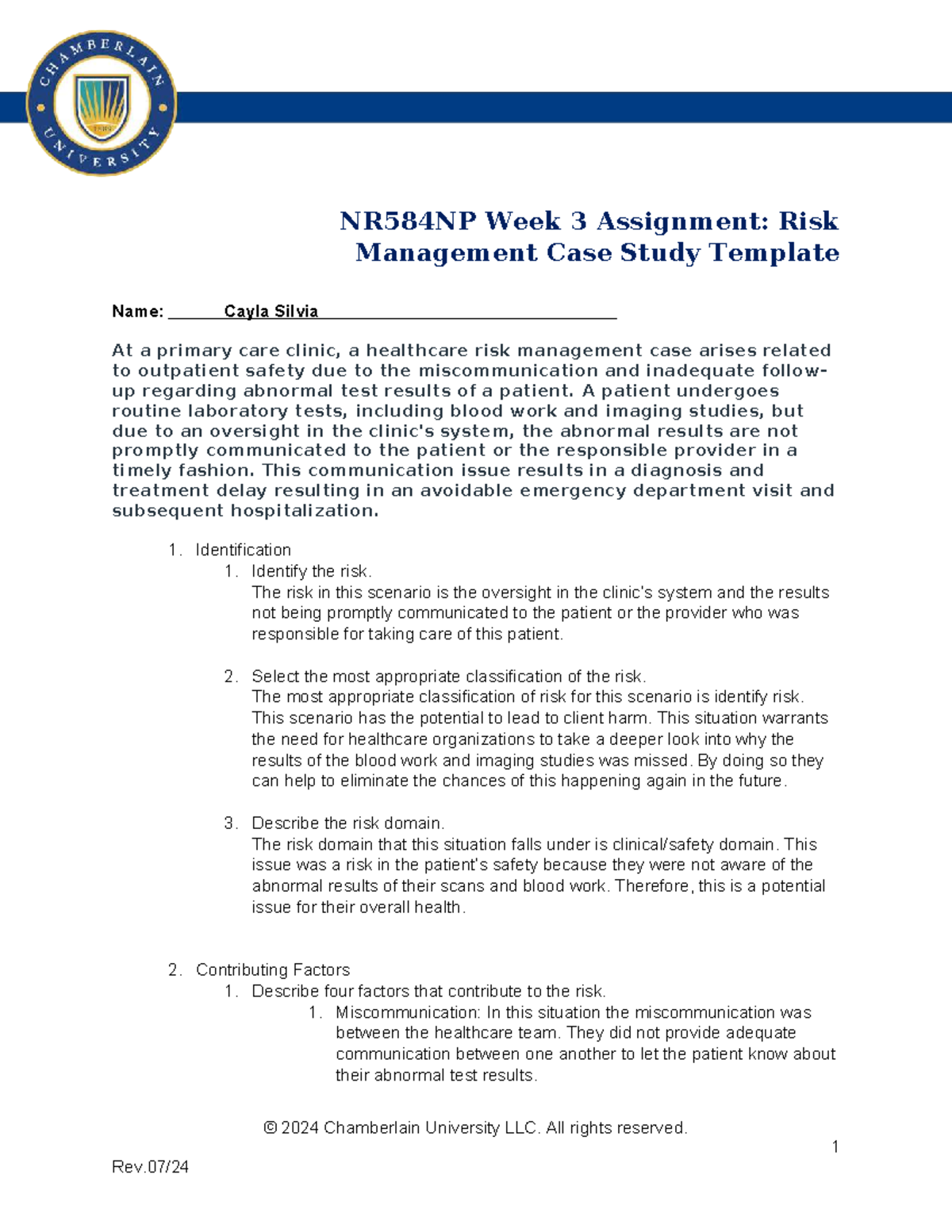 NR584NP Week 3 Assignment: Risk Management in Outpatient Safety - Studocu