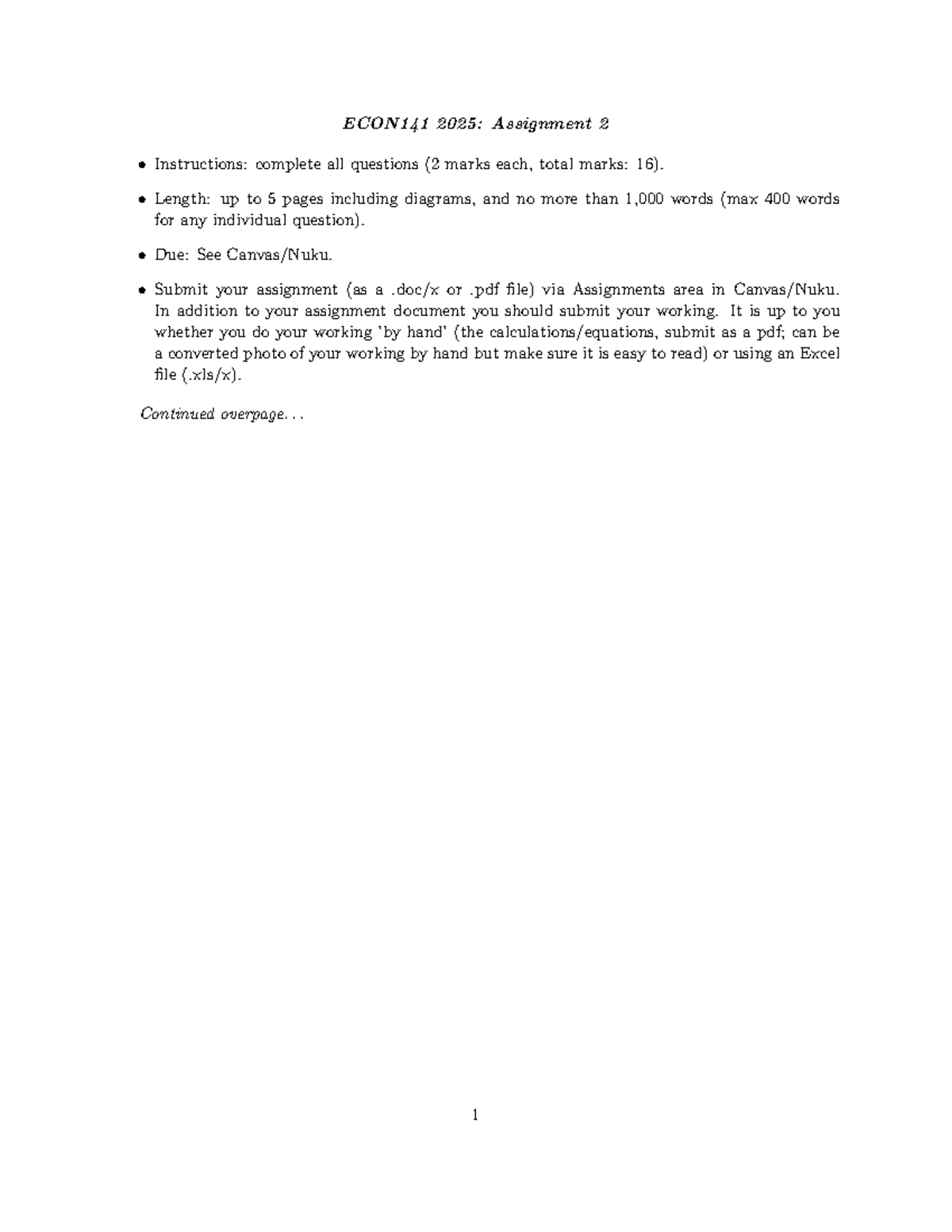 ECON141 2025: Assignment 2 Questions and Submission Guidelines - Studocu