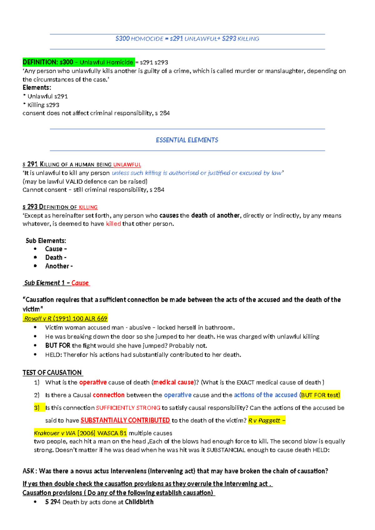 S300 HOMICIDE: Week 4 Lecture Notes on Unlawful Killing & Causation ...