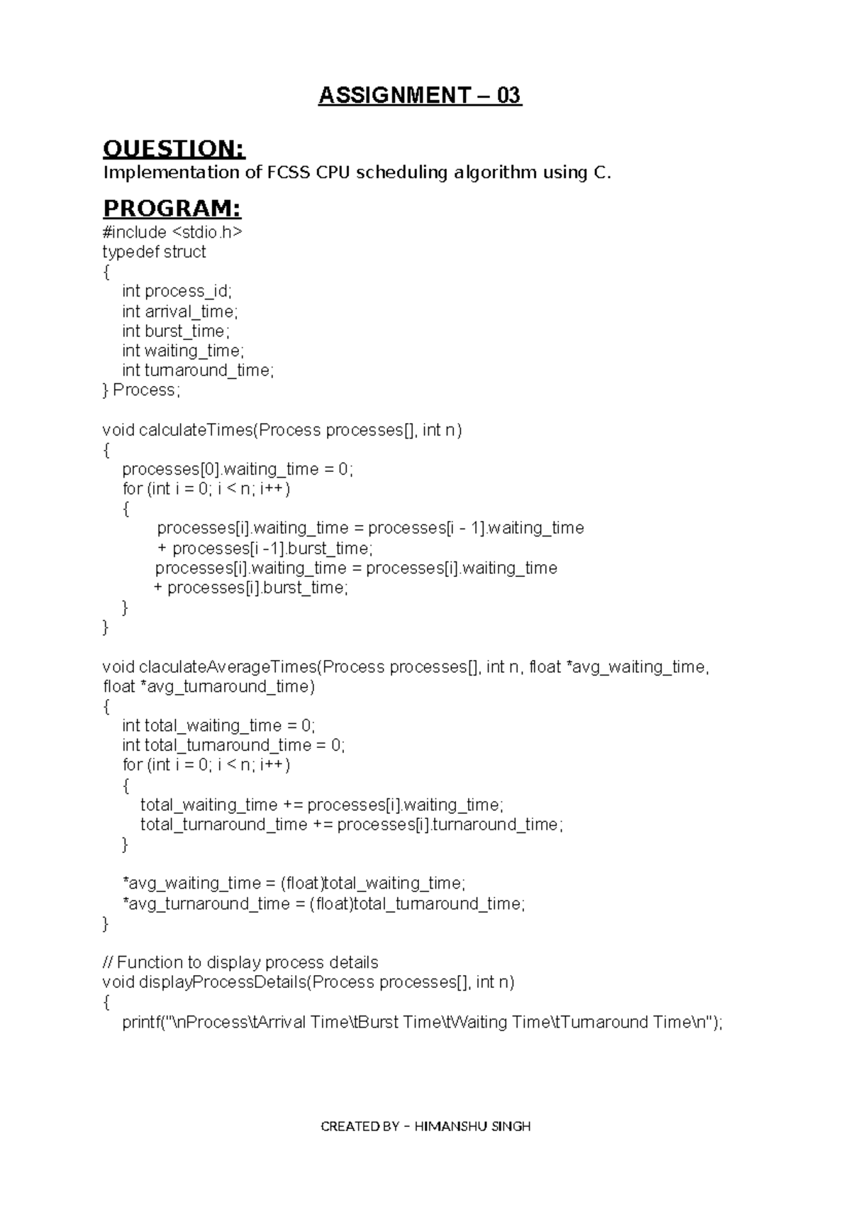 OS Assignment 03: FCFS CPU Scheduling Algorithm Implementation in C ...