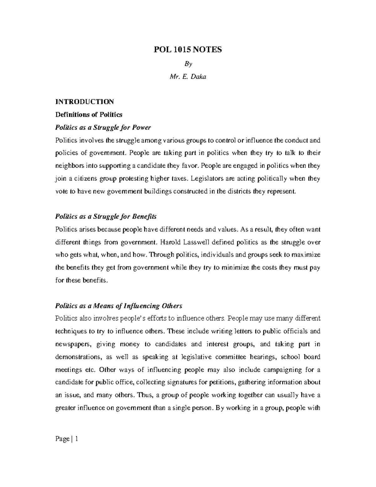 POL 1015 Lecture Notes: Introduction to Politics - Studocu