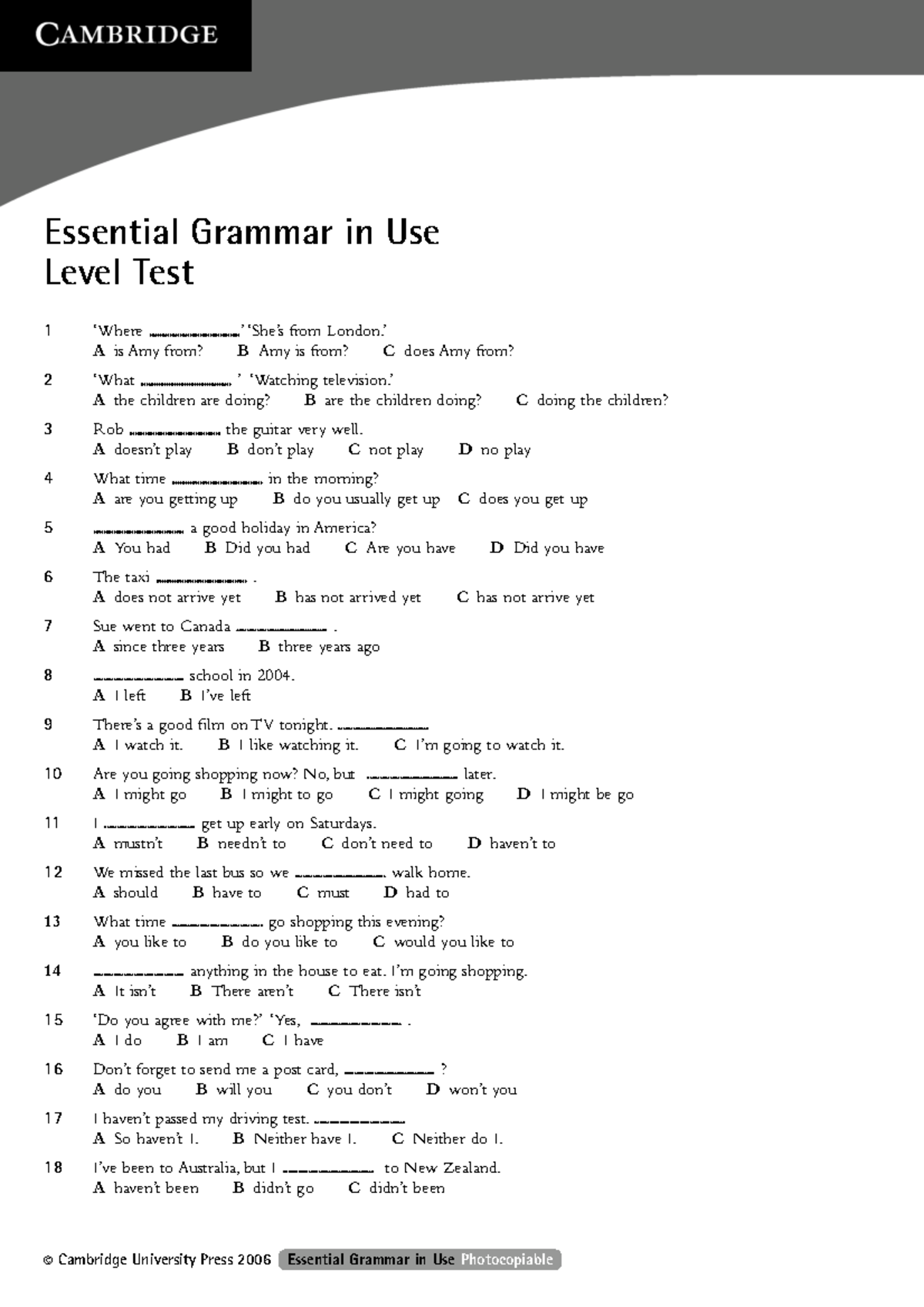 Essential Grammar in Use Level Test 1: Answer Key and Review - Studocu