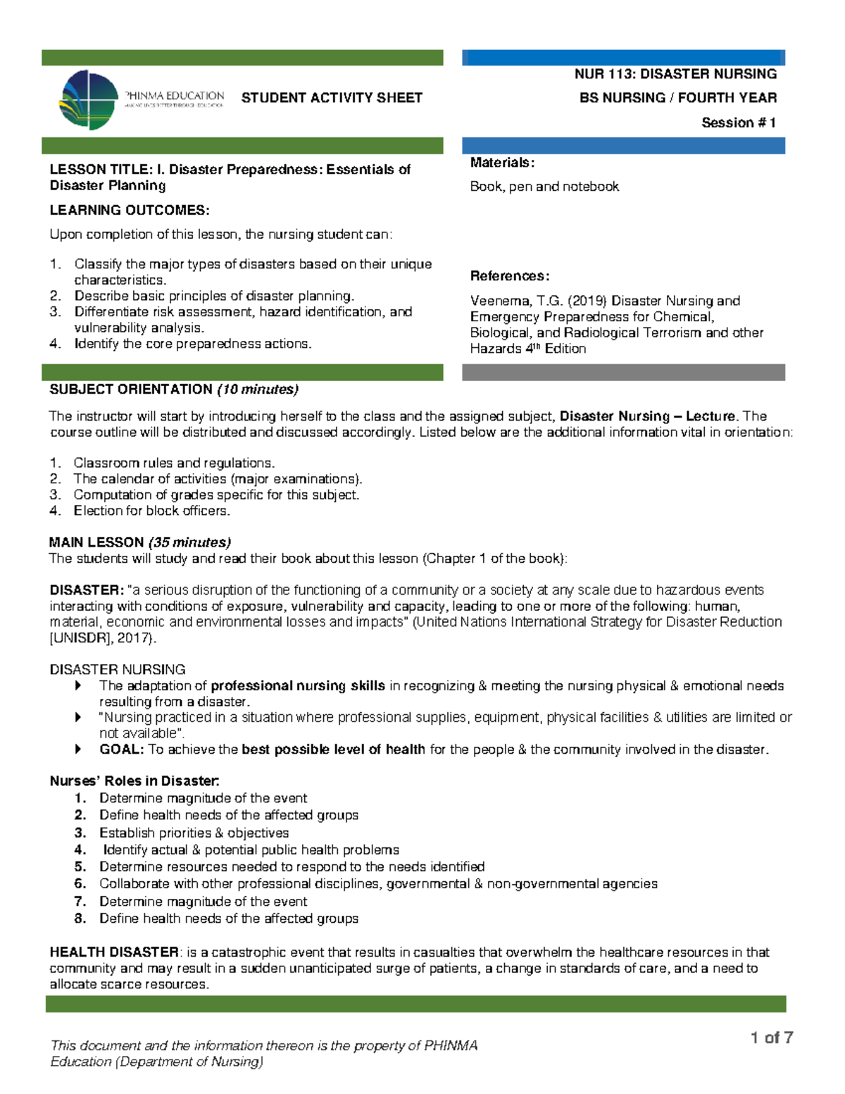 Disaster Nursing NUR 113 Lecture: Session 1 Overview and Essentials ...